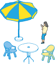 イラスト:人とパラソルと椅子